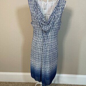 Max Studio Blue White Ombre Mesh Drape Neck Dress Large Stretch